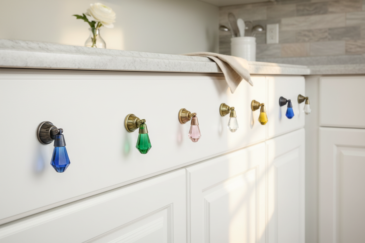 Glass Drop Cabinet Knobs with Brass Base