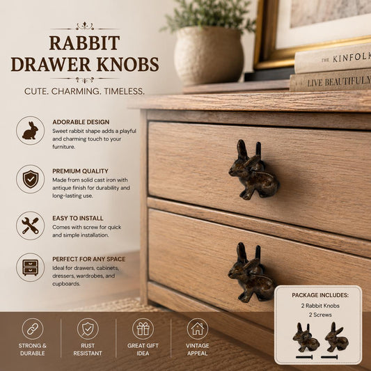 Cast Iron Rabbit Drawer Knob – Antique Bronze Bunny Furniture Pull – Farmhouse Cabinet Handle