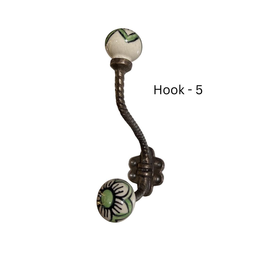 Hand-Painted Ceramic Brass Wall Hooks Set: Vintage Floral Design, Rustic Entryway Hanger