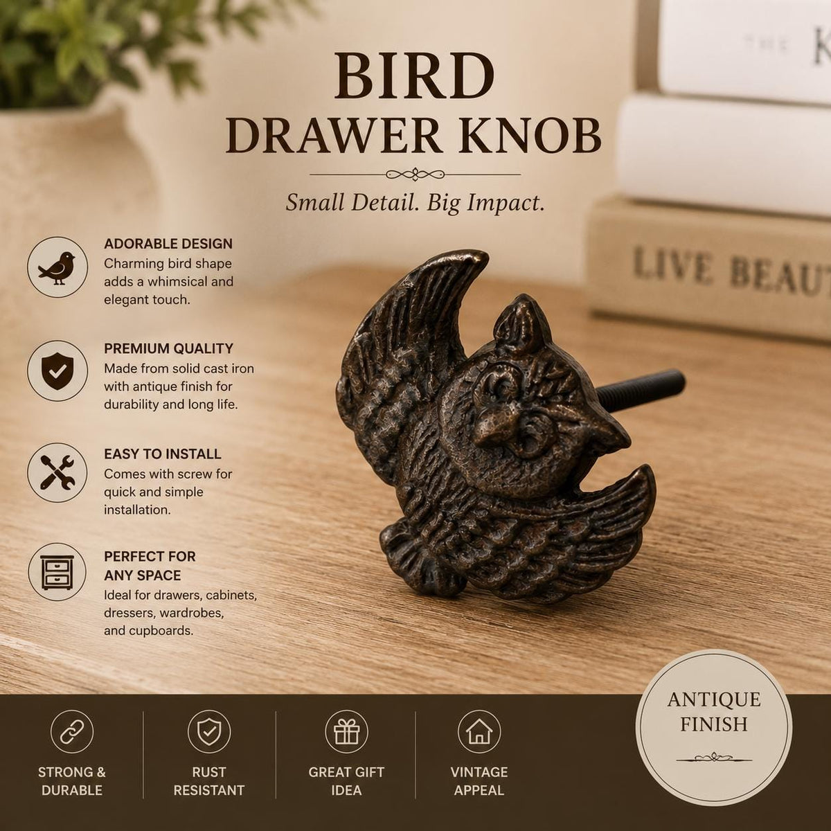 Cast Iron Bird Drawer Knob – Antique Sparrow Cabinet Handle, Rustic Farmhouse Furniture Pull