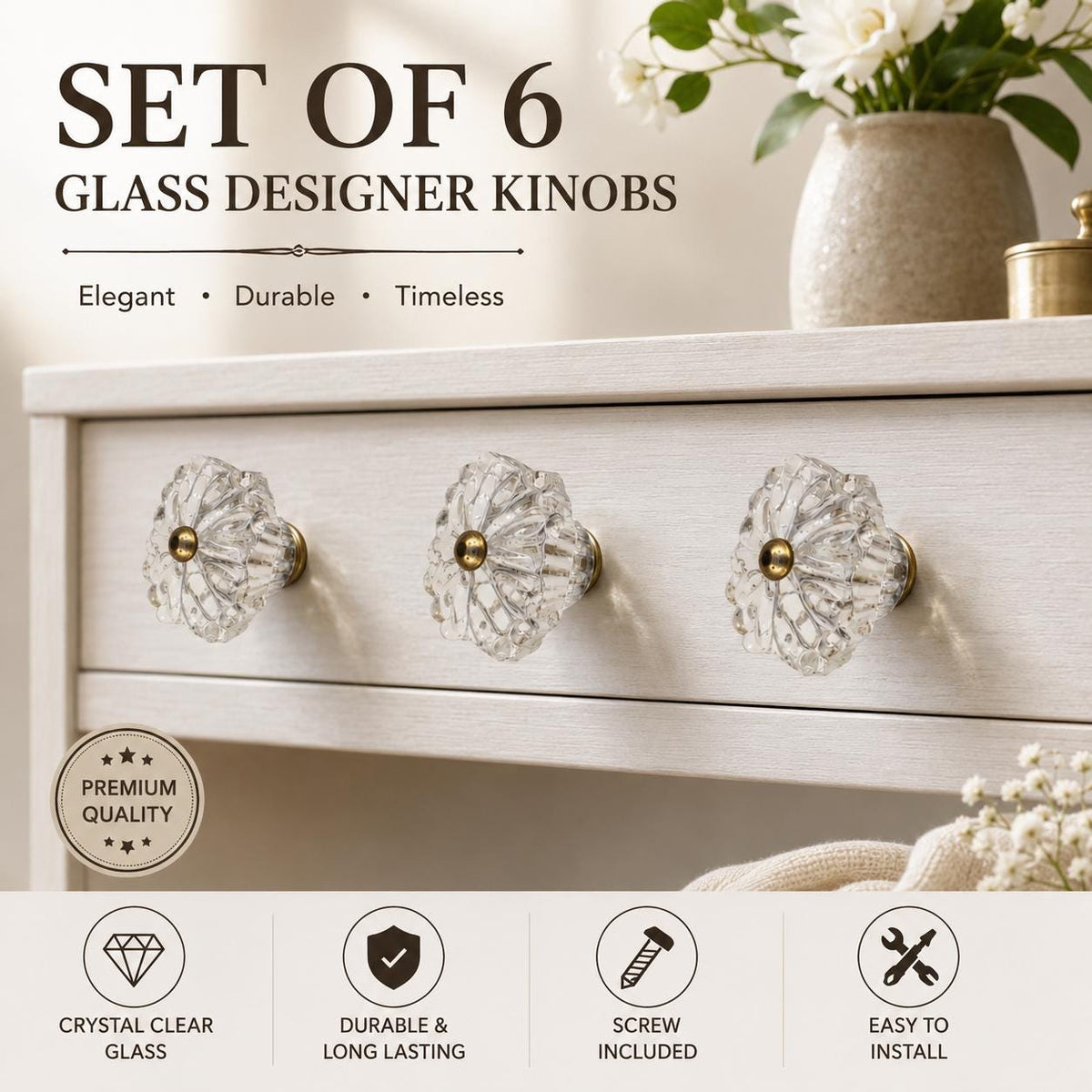 Clear Glass Crystal Knobs, Vintage Brass Drawer Pulls, Cabinet Hardware