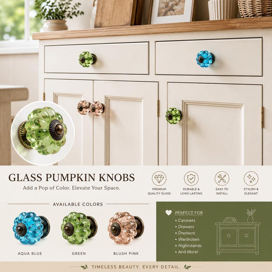 Handmade Glass Pumpkin Cabinet Knobs | Aqua Blue, Green, Pink Drawer Pulls