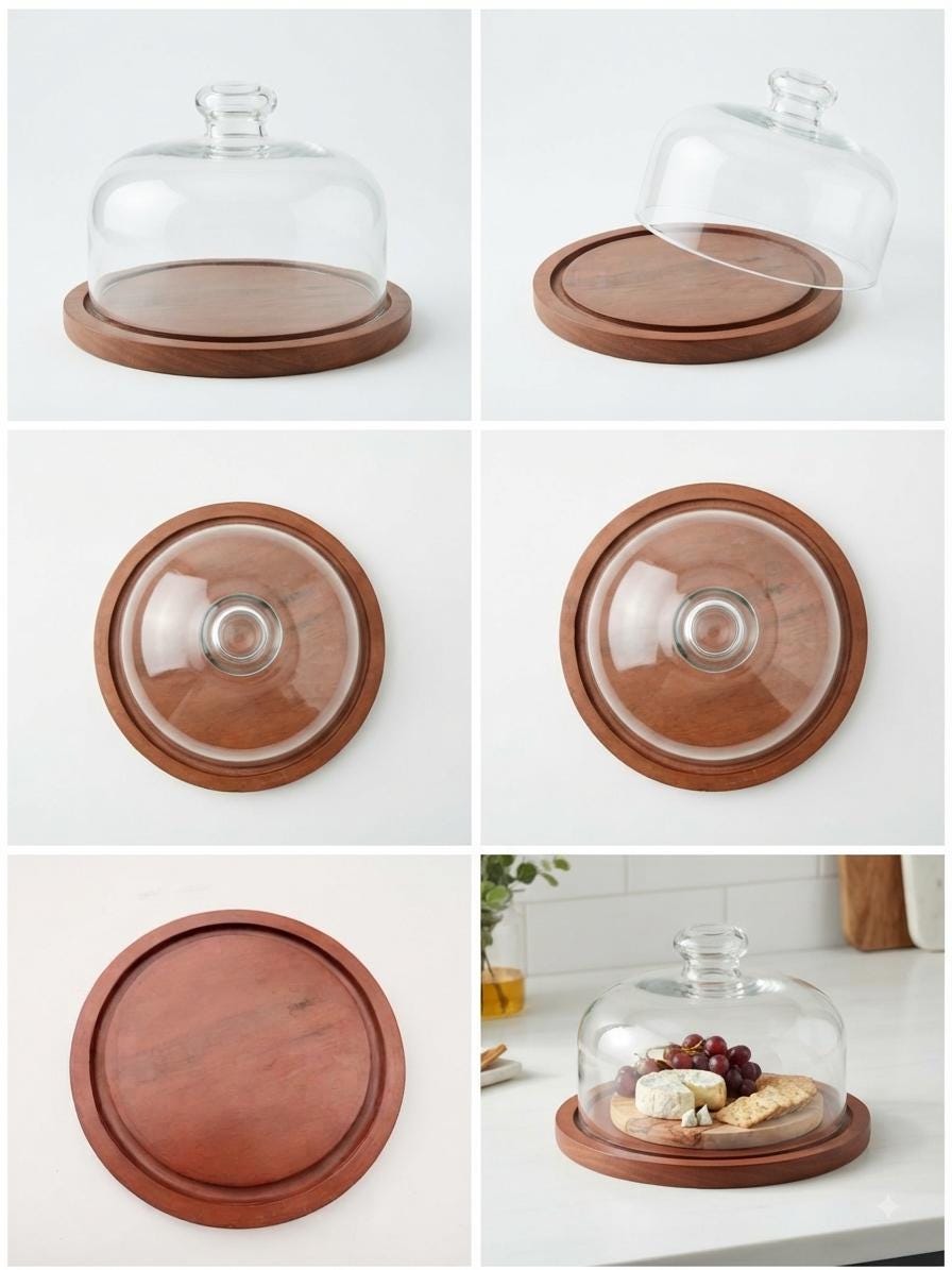 8-Inch Glass Cake Dome with Wooden Serving Plate, Bakery Display Cover