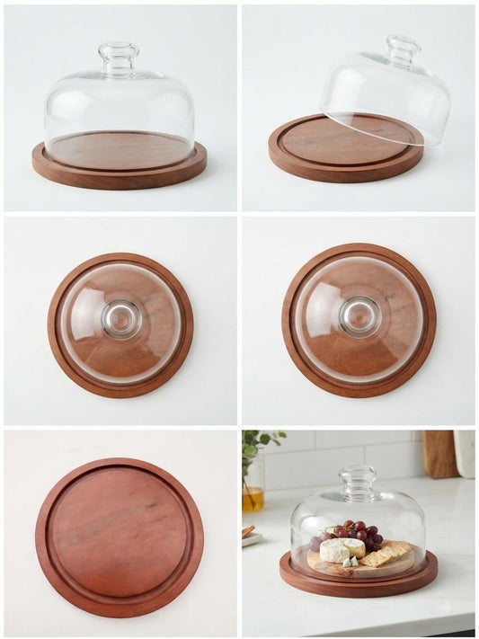 8-Inch Glass Cake Dome with Wooden Serving Plate, Bakery Display Cover
