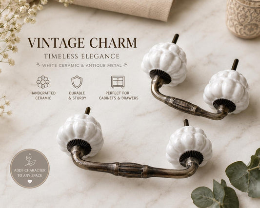Vintage White Ceramic Pumpkin Pulls, Antique Brass Farmhouse Drawer Handles (4 Inch)
