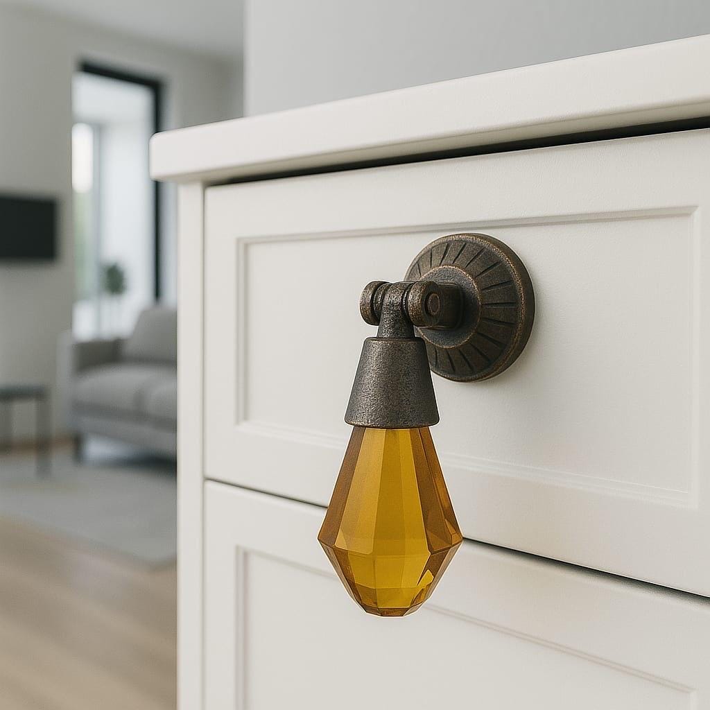 Faceted Glass Drop Cabinet Knobs | Antique Brass Vintage Drawer Pulls