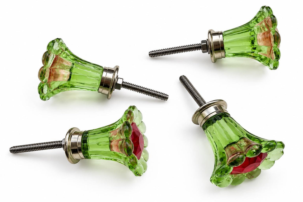Green Glass Flower Drawer Knob, Handmade Floral Cabinet Hardware, Choose Center Color