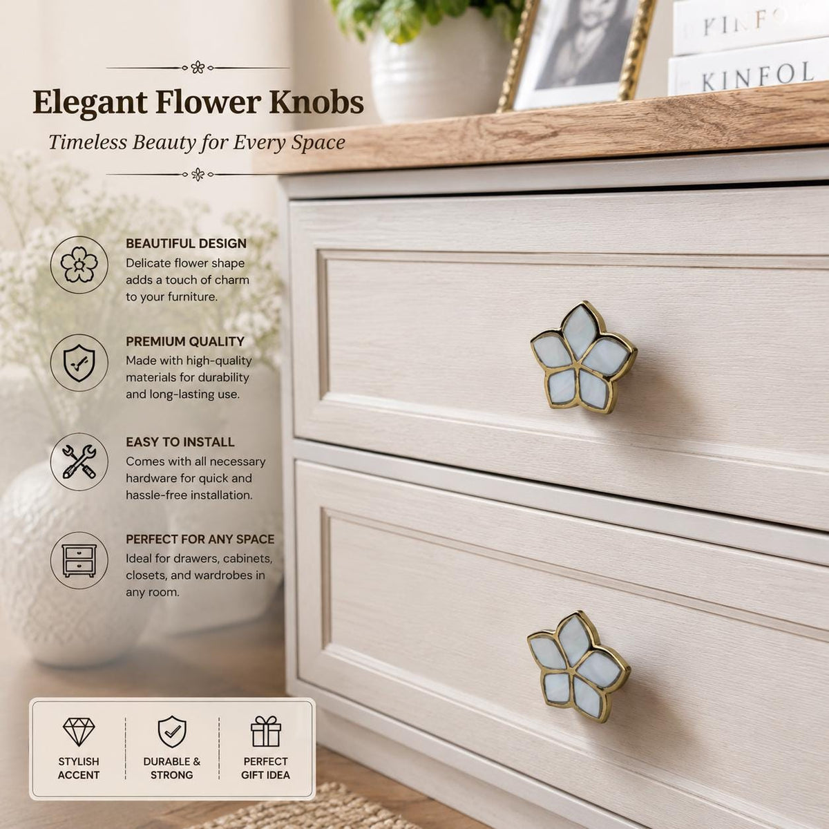 Mother of Pearl Flower Cabinet Knob – Brass Floral Furniture Pull – White MOP Drawer Handle