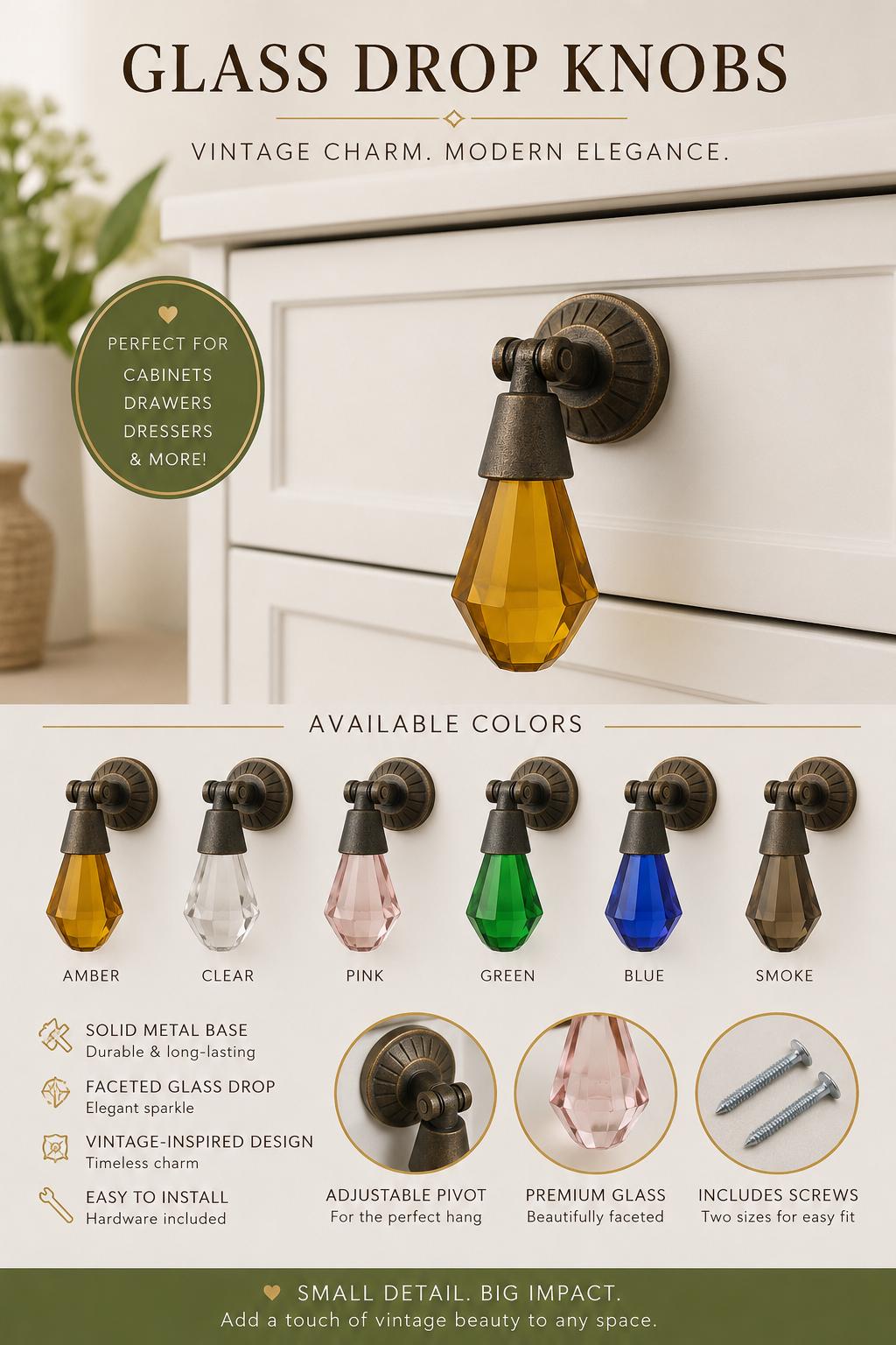 Faceted Glass Drop Cabinet Knobs | Antique Brass Vintage Drawer Pulls