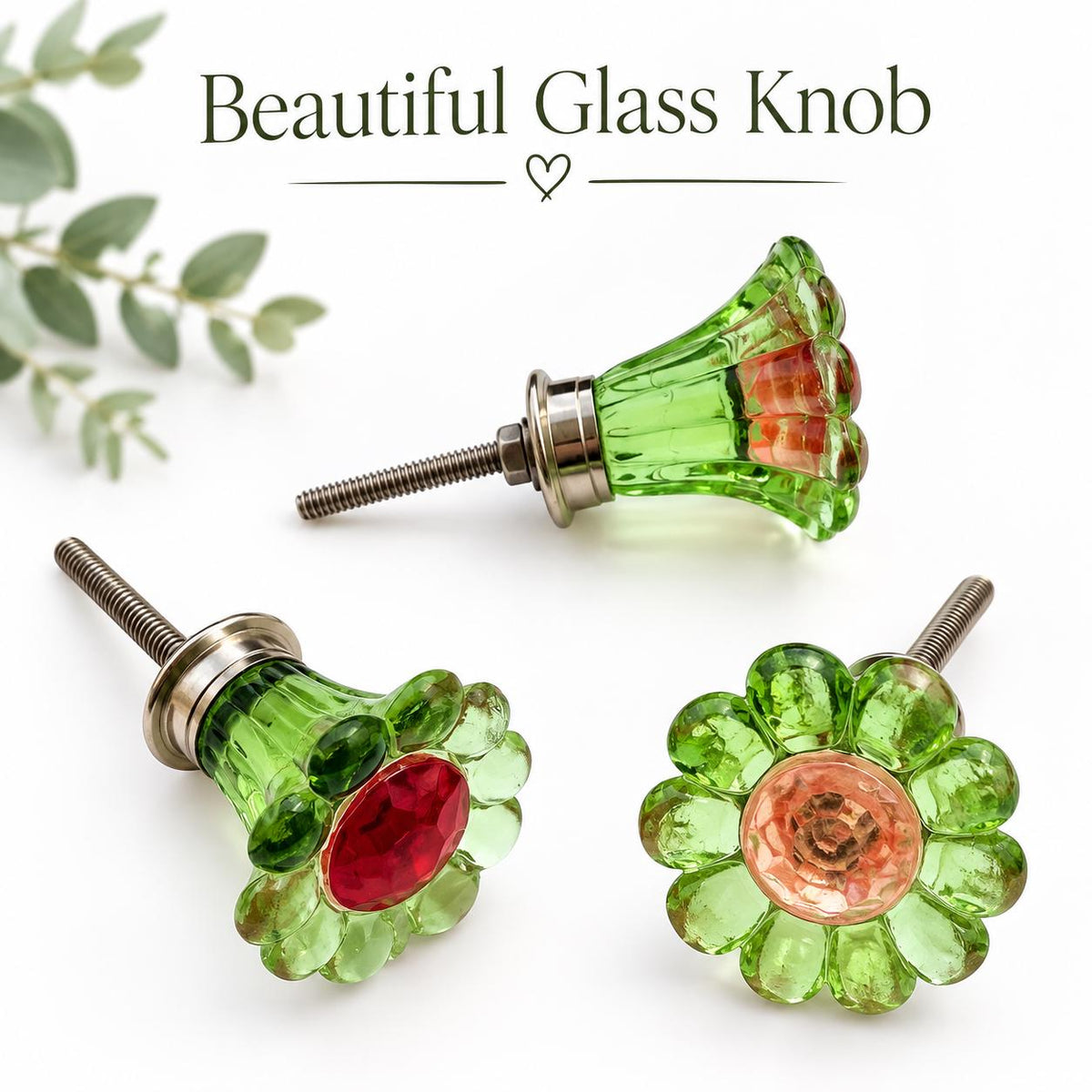 Green Glass Flower Drawer Knob, Handmade Floral Cabinet Hardware, Choose Center Color