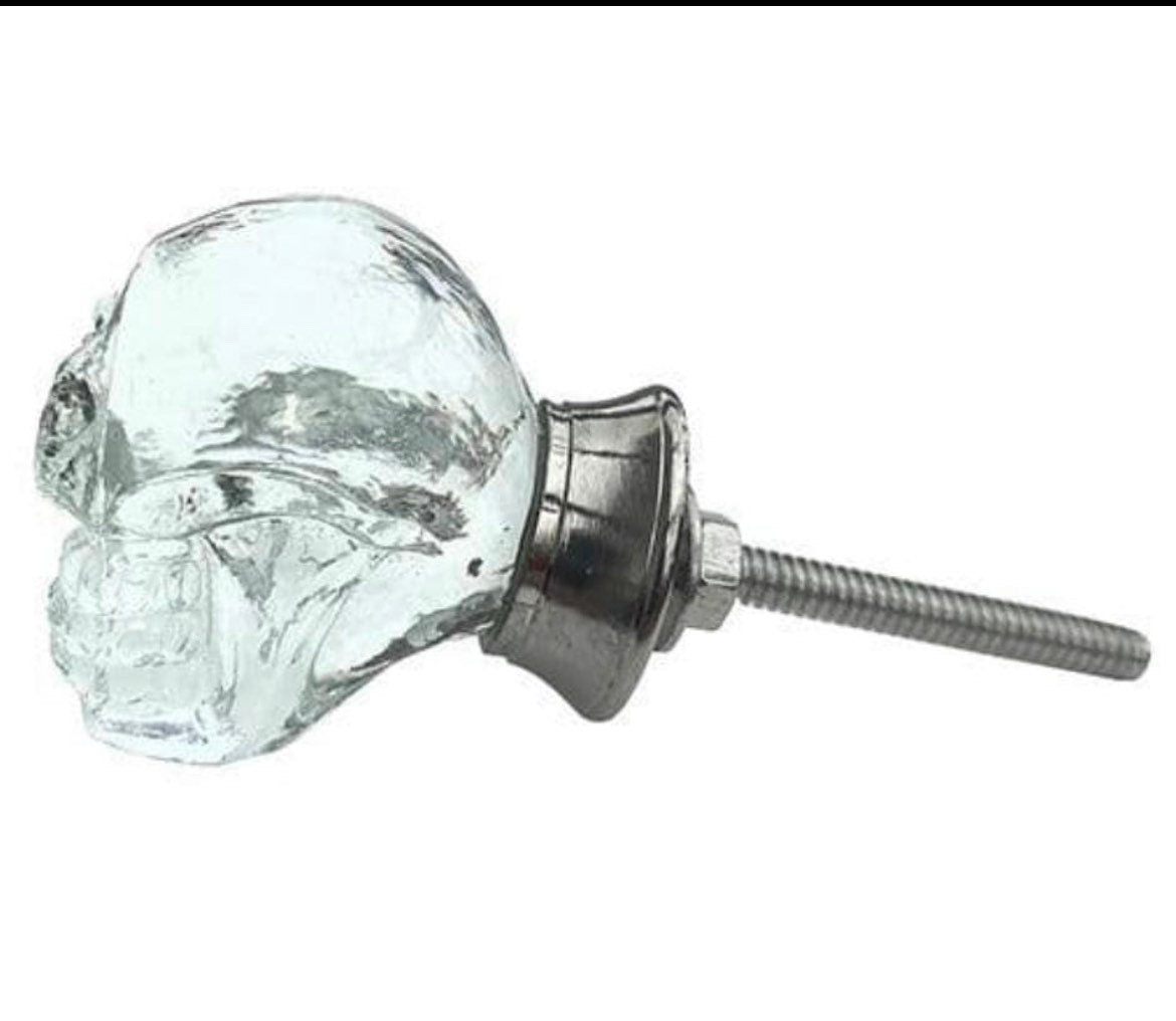 Transparent Skull Glass Cabinet Knob – Unique Crystal Drawer Pull with Metal Base