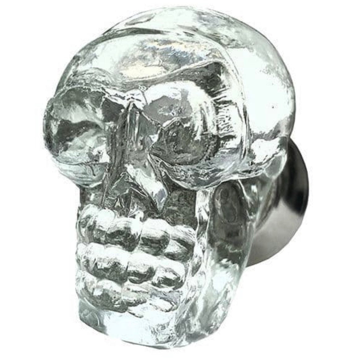Transparent Skull Glass Cabinet Knob – Unique Crystal Drawer Pull with Metal Base