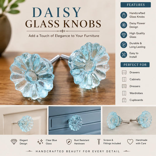 Handmade Daisy Glass Cabinet Knob – Aqua, Mint Green, Clear, Peach Flower Furniture Pull