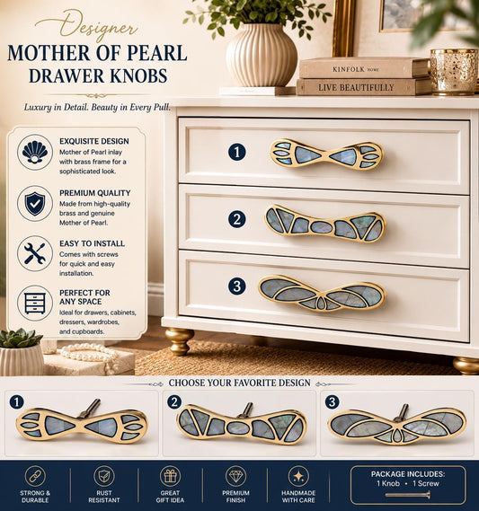 Handmade Gold & Mother of Pearl Cabinet Handle: Luxurious Drawer Pull