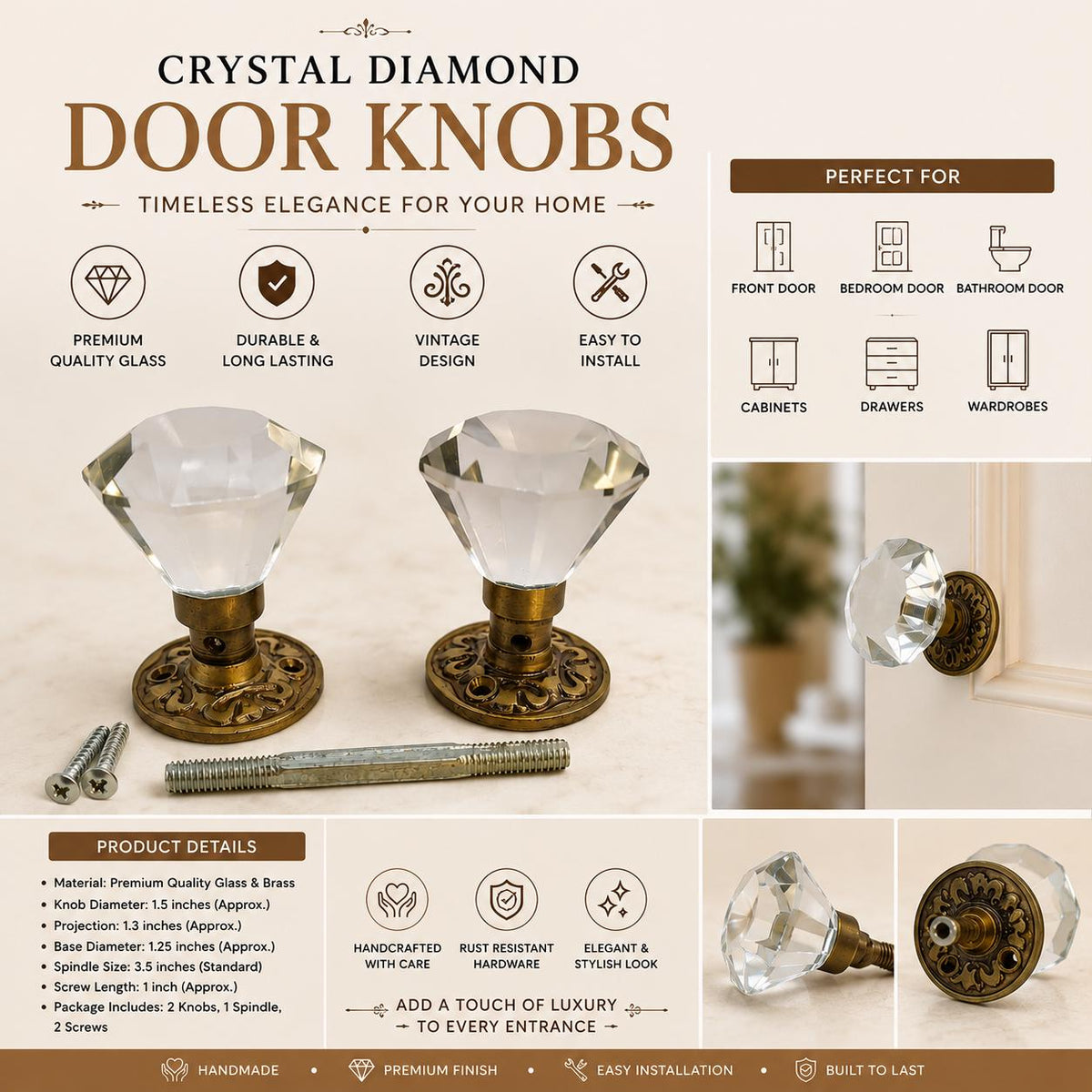 60mm Crystal Diamond Glass Door Knobs Set, Antique Brass Vintage Interior Handles