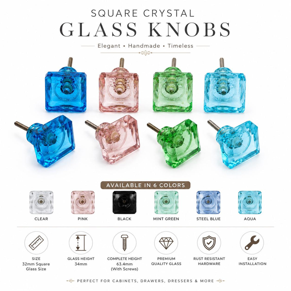 Handmade Square Crystal Glass Cabinet Knob | Faceted Drawer Pull (32mm)