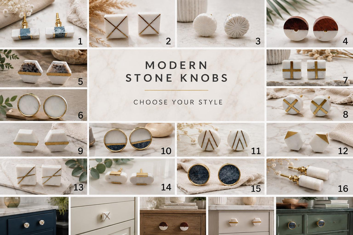 Handmade Marble Cabinet Knob with Brass Inlay - Geometric Shapes