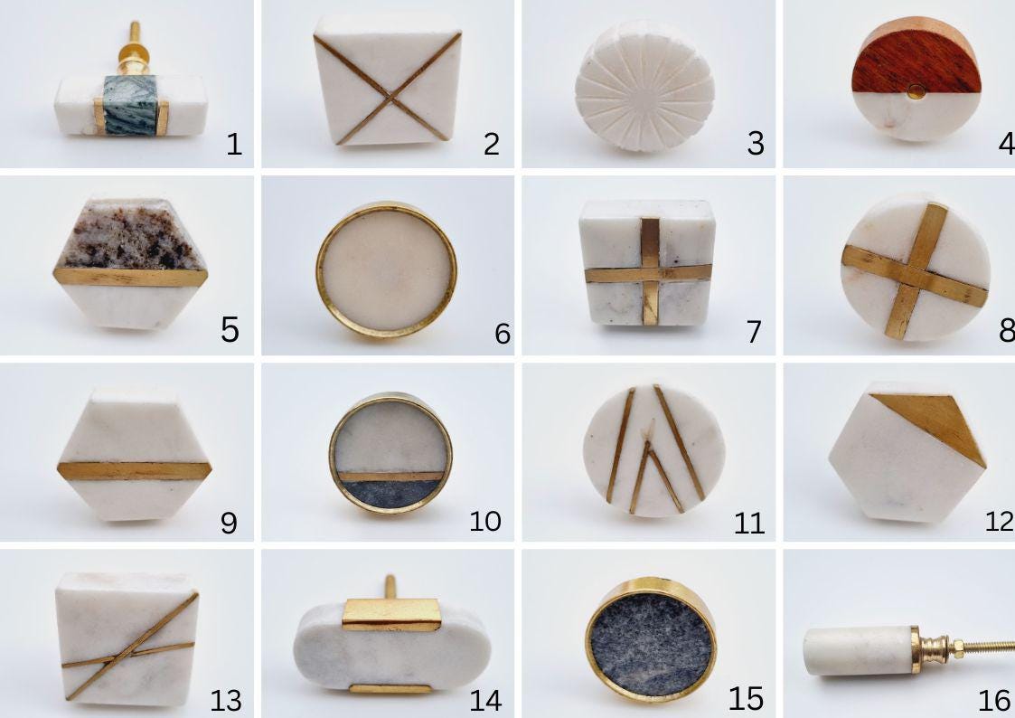 Handmade Marble Cabinet Knob with Brass Inlay - Geometric Shapes