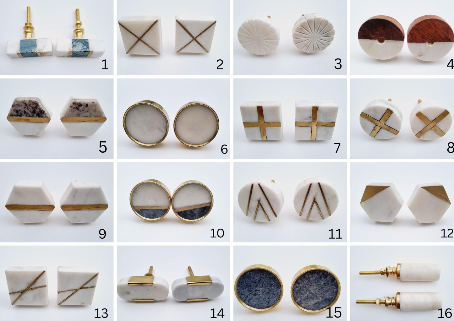 Handmade Marble Cabinet Knob with Brass Inlay - 16 Geometric Shapes