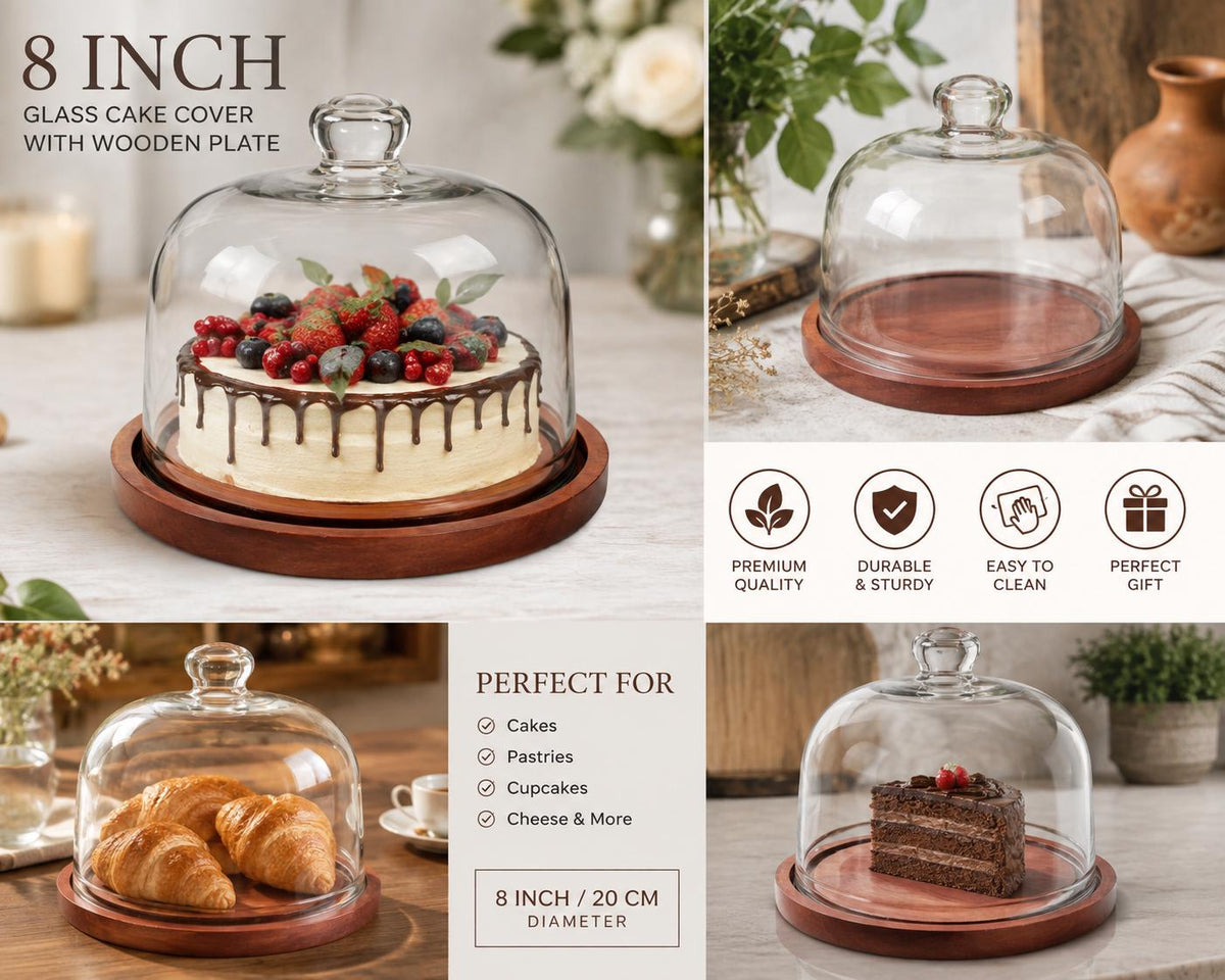 8-Inch Glass Cake Dome with Wooden Serving Plate, Bakery Display Cover