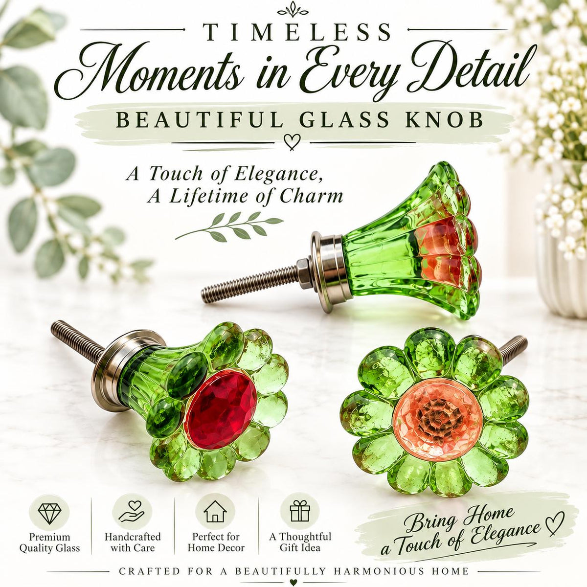 Green Glass Flower Drawer Knob, Handmade Floral Cabinet Hardware, Choose Center Color