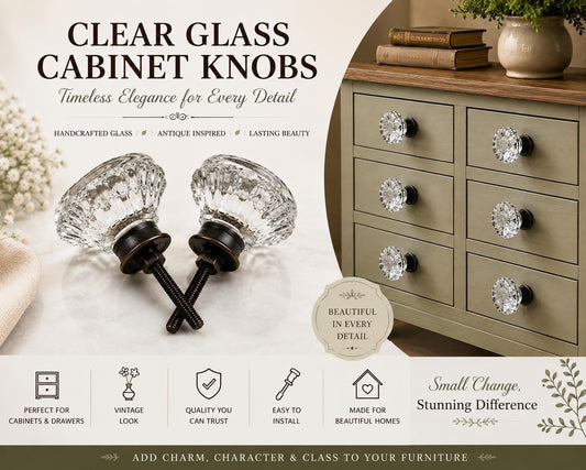 Clear Glass Crystal Knobs, Vintage Brass Drawer Pulls, Cabinet Hardware