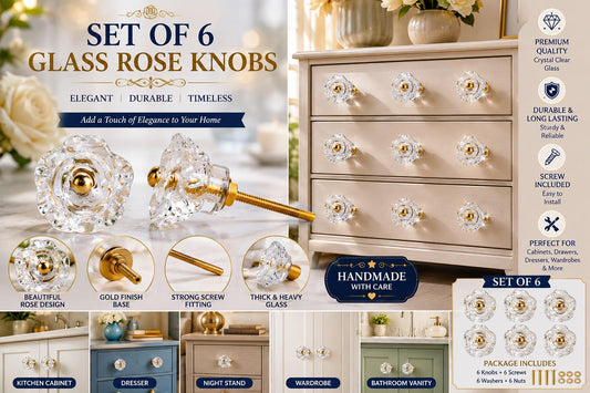 Crystal Glass Rose Knobs, Gold Finish Cabinet Drawer Pulls