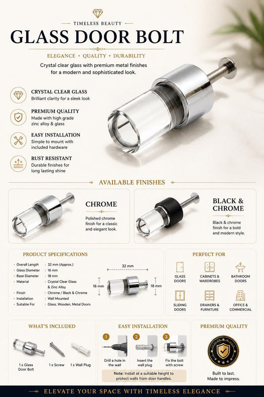 32mm Crystal Glass Door Bolt | Chrome & Black Wall Mounted Door Stop