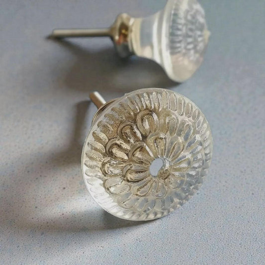 Clear Embossed Glass Cabinet Knob, Floral Vintage Dresser Pull, Handmade Hardware (1.5 Inch)