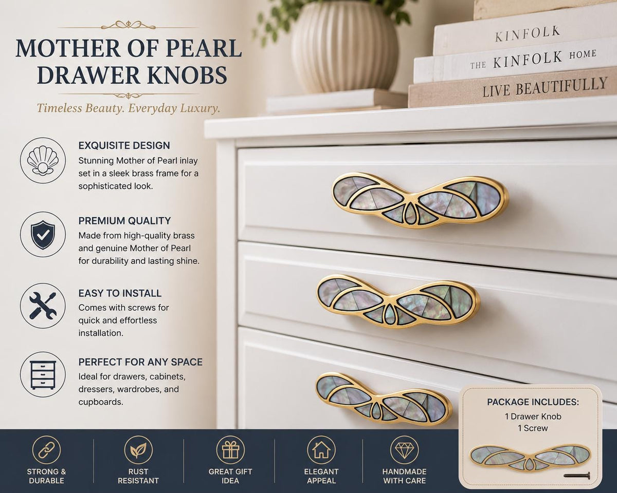 Handmade Gold & Mother of Pearl Cabinet Handle: Luxurious Drawer Pull