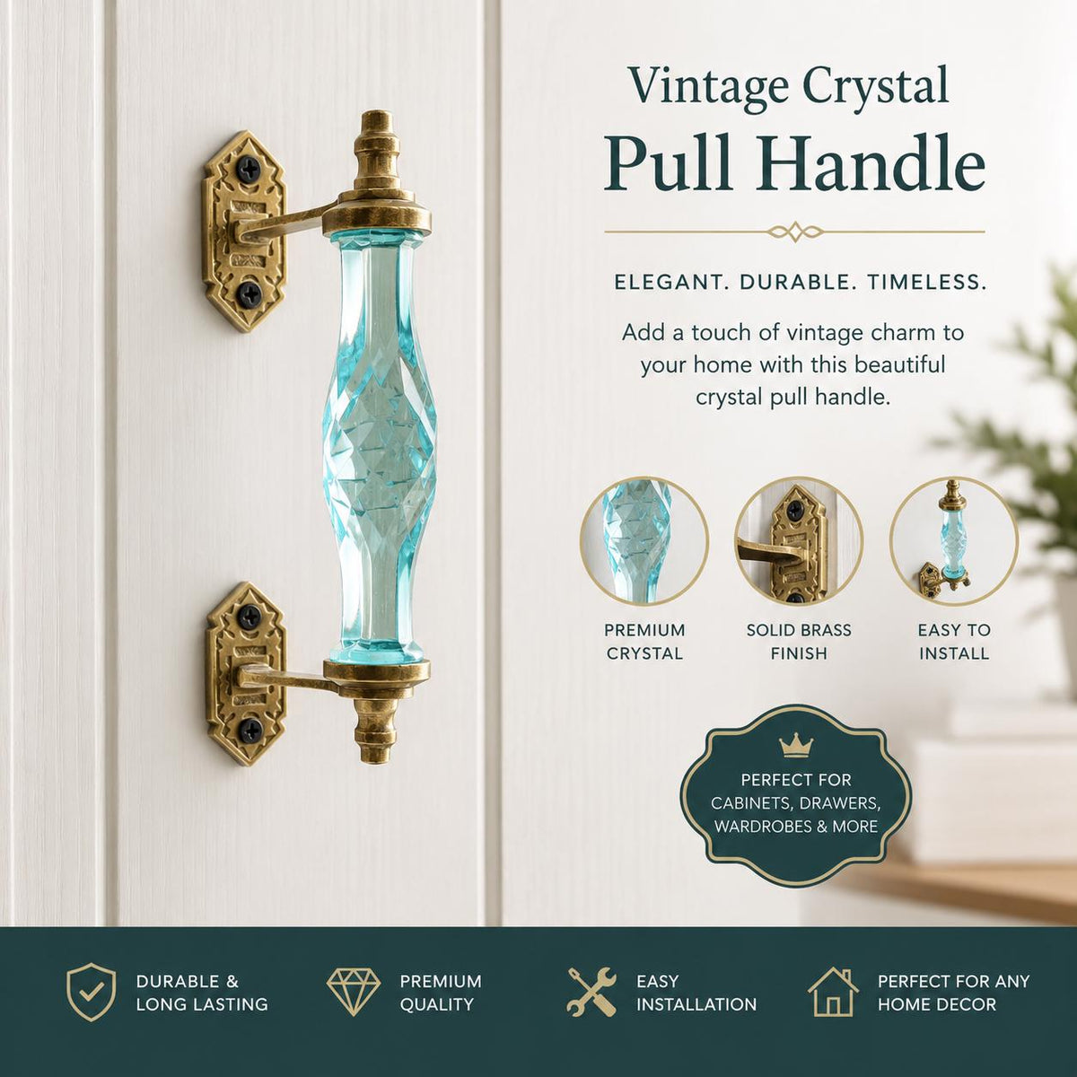 8 Inch Glass Crystal Drawer Pull, Brass Cabinet Handle, Antique Gold Furniture Hardware