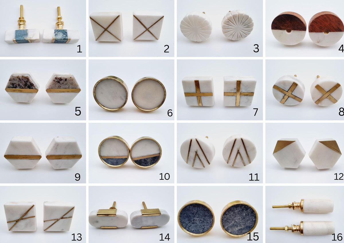 Handmade Marble Cabinet Knob with Brass Inlay - Geometric Shapes