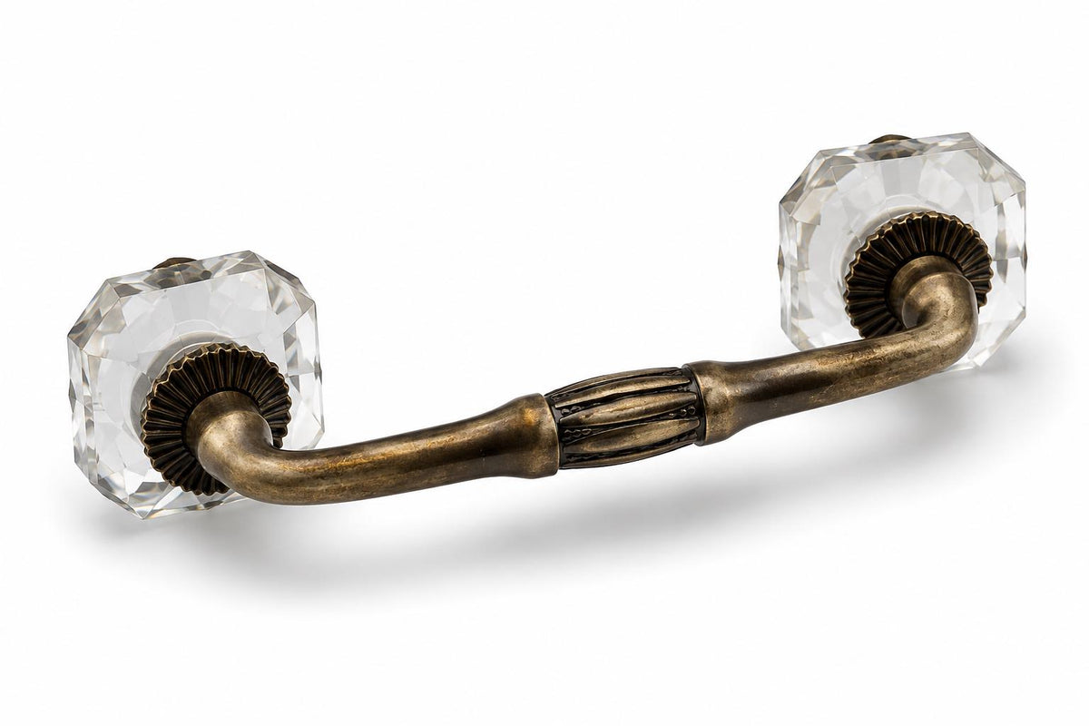 Vintage Crystal Glass Drawer Pull, Antique Brass Cabinet Handle (4 Inch)