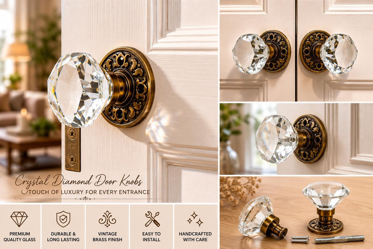 60mm Crystal Diamond Glass Door Knobs Set, Antique Brass Vintage Interior Handles