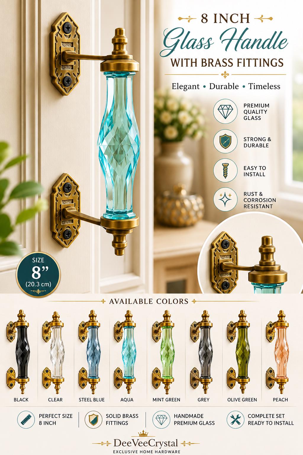 8 Inch Glass Crystal Drawer Pull, Brass Cabinet Handle, Antique Gold Furniture Hardware