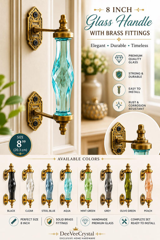 8 Inch Glass Crystal Drawer Pull, Brass Cabinet Handle, Antique Gold Furniture Hardware
