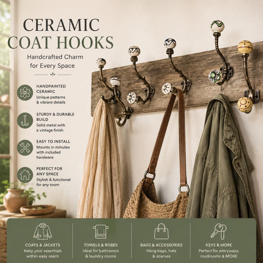 Hand-Painted Ceramic Brass finish Wall Hooks Set: Vintage Floral Design, Rustic Entryway Hanger