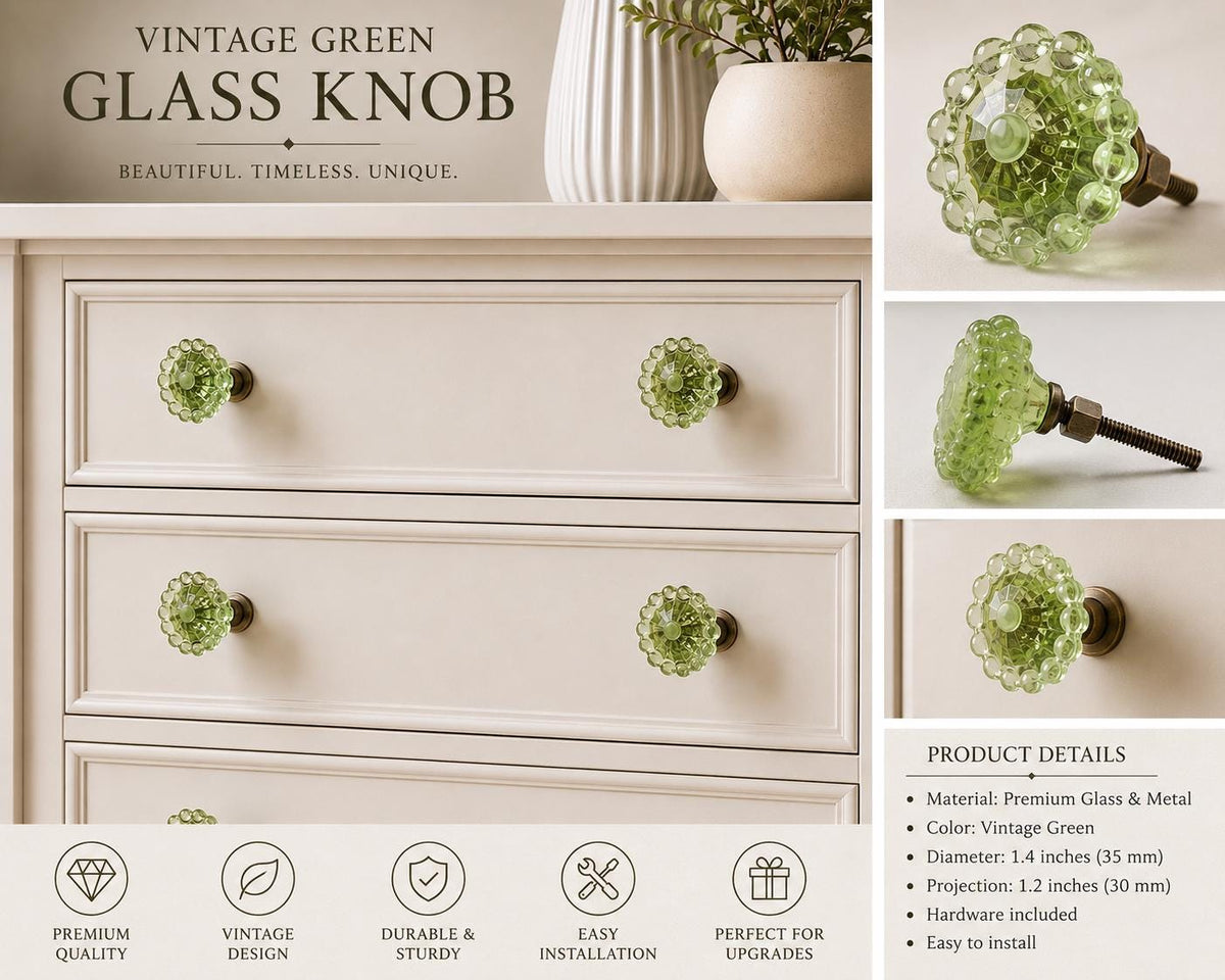 Vintage Green Glass Cabinet Knob, Round Faceted Drawer Pull, Antique Style Hardware