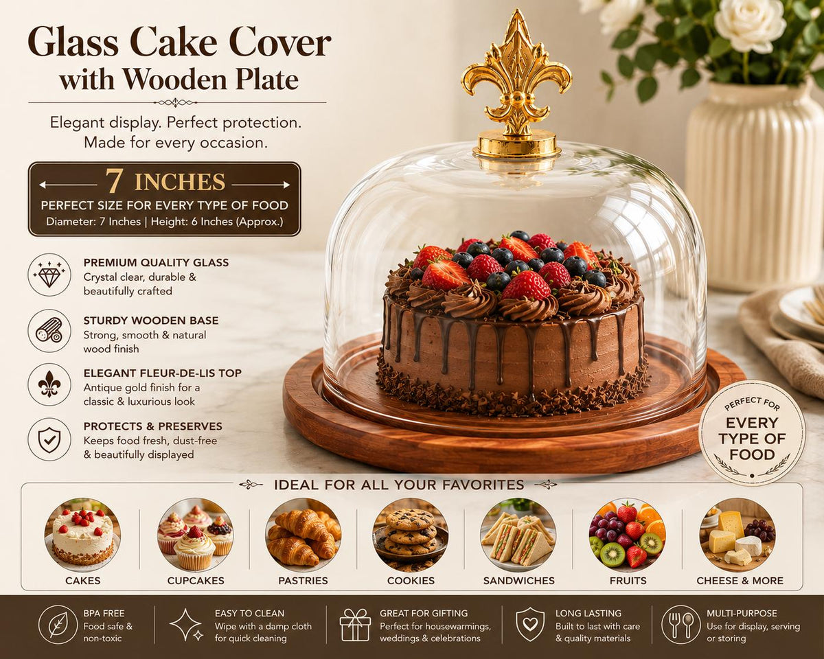 7-Inch Glass Cake Dome with Wooden Serving Plate, Bakery Display Cover