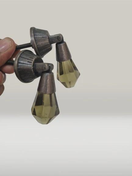 Faceted Glass Drop Cabinet Knobs | Antique Brass Vintage Drawer Pulls