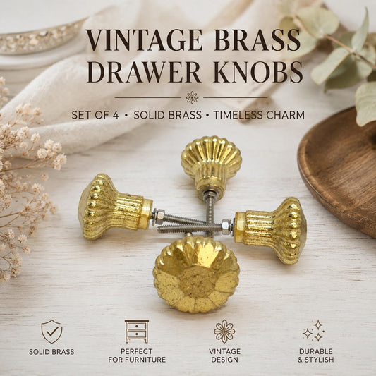 Vintage Brass Flower Drawer Knobs | Solid Antique Gold Cabinet Hardware