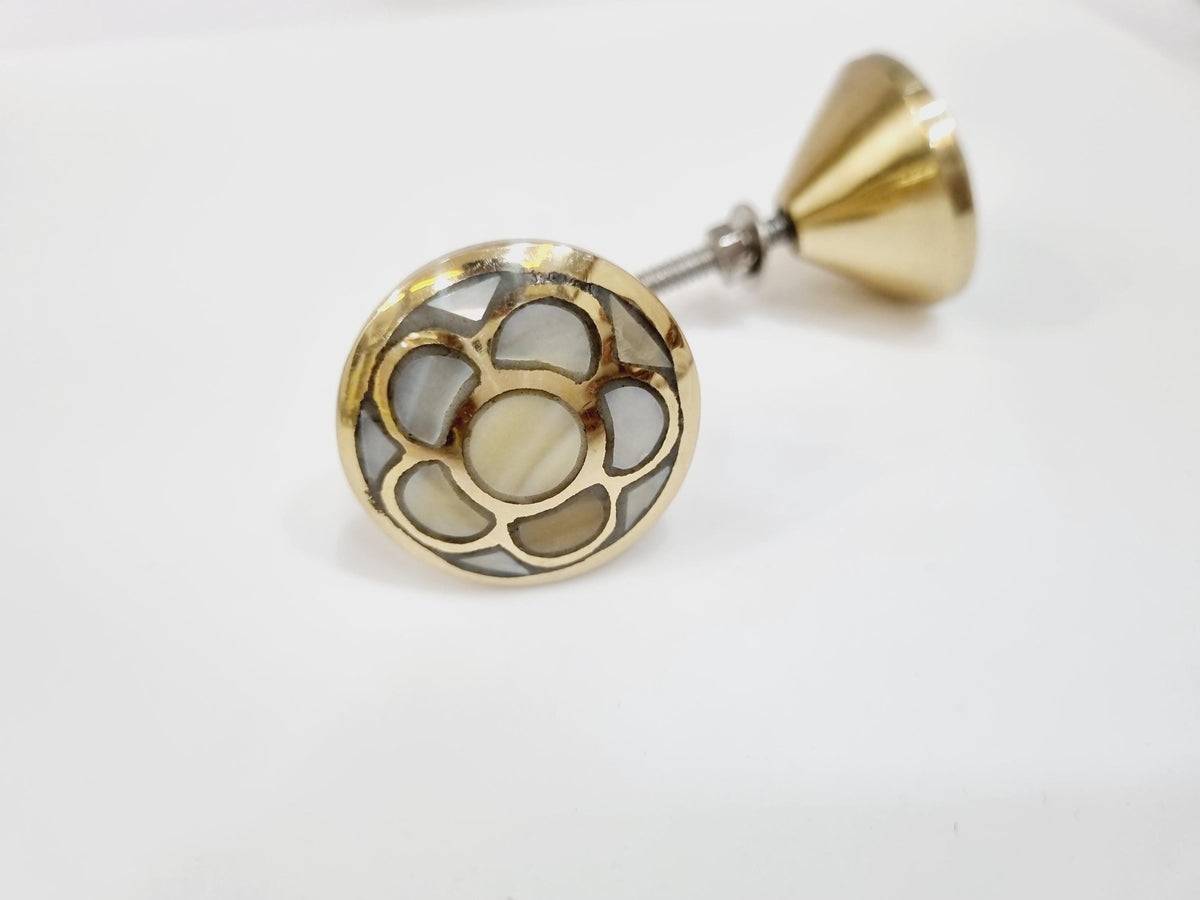 Handcrafted Mother of Pearl Brass Cabinet Knob | Solid Brass Drawer Pull