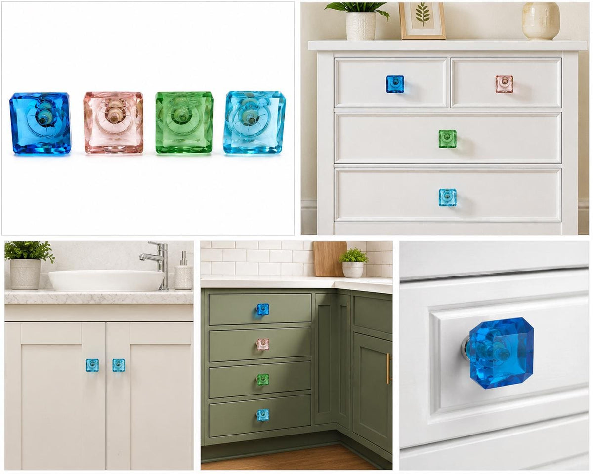 Handmade Square Crystal Glass Cabinet Knob | Faceted Drawer Pull (32mm)