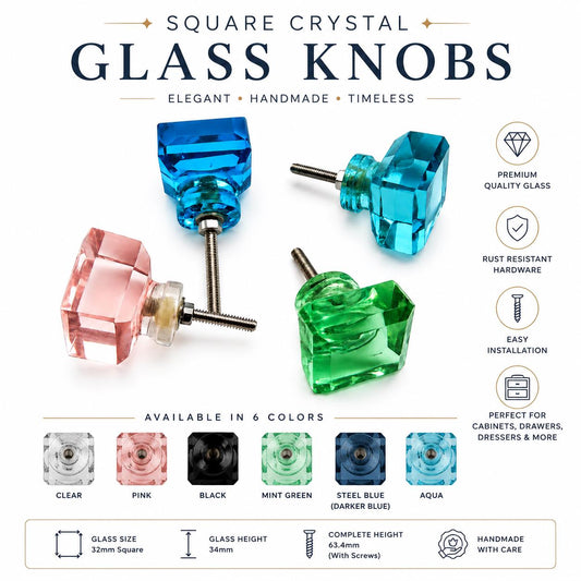 Handmade Square Crystal Glass Cabinet Knob | Faceted Drawer Pull (32mm)