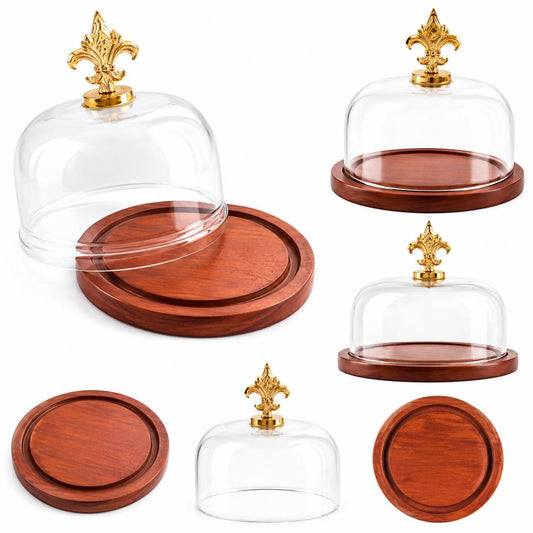 7-Inch Glass Cake Dome with Wooden Serving Plate, Bakery Display Cover