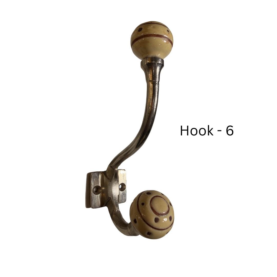 Hand-Painted Ceramic Brass Wall Hooks Set: Vintage Floral Design, Rustic Entryway Hanger