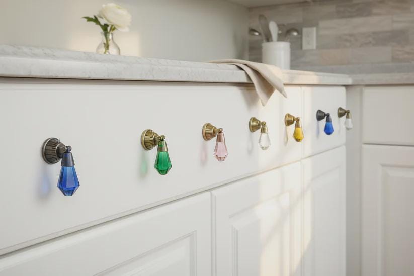 Faceted Glass Drop Cabinet Knobs | Antique Brass Vintage Drawer Pulls