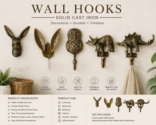 Solid Cast Iron Animal Wall Hooks, Antique Brass Finish, Rabbit, Owl, Dinosaur Rustic Decor