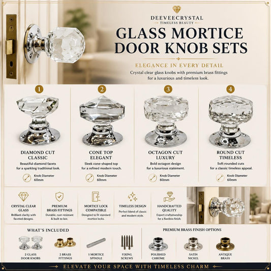 Faceted Crystal Glass Mortise Door Knobs | Vintage Interior Chrome Hardware