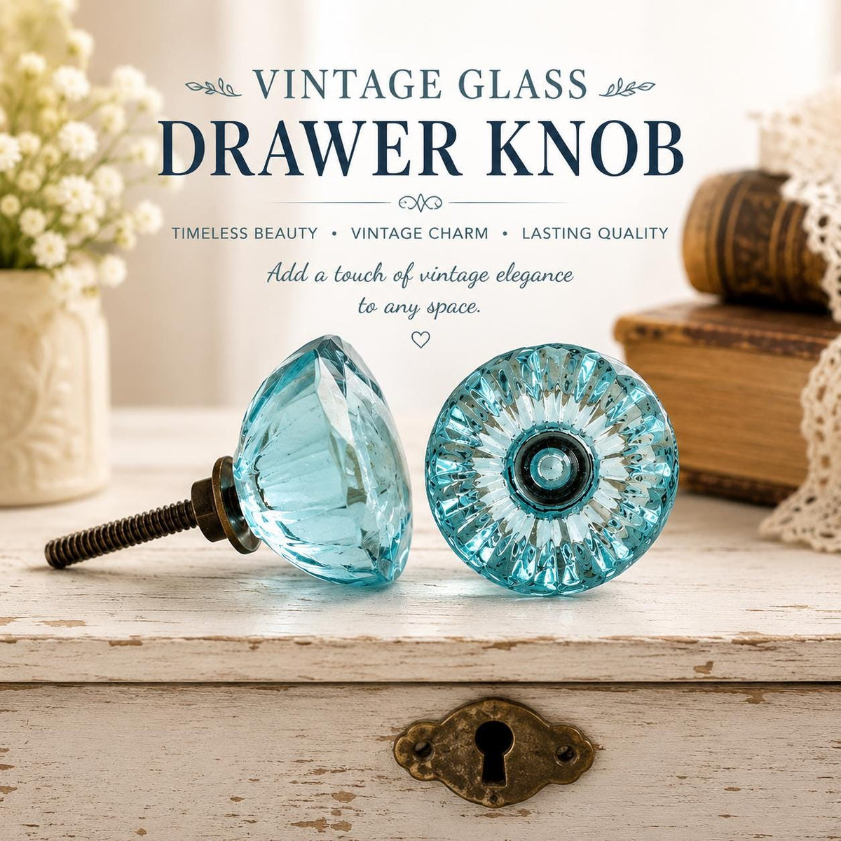 vintage Style Pressed Glass Cabinet Knob with Brass / Stainless Bolts